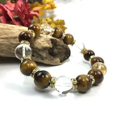 タイガーアイ&水晶 パワーストーン　ブレスレット 天然石 12mm （ゴールド）メンズ・レディース　男性・女性　数珠ブレス　開運  [1]