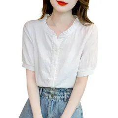 SPRING SEAON シャツ レディース ブラウス トップス Mサイズ 刺繍 花柄 春 夏 無地 薄手 カジュアル 可愛い プルオーバー 体型カバー 大きいサイズ 通勤 ゆったり 半袖 カットソー シンプル おしゃれ ファッション オフィス R10185