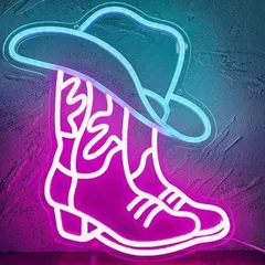 ネオンライト ピンクのウエスタンブーツと水色のカーボーイハット かわいい 西部劇イメージ 壁掛け 発光サイン LED 壁装飾 おしゃれ インテリア 照明 バー 屋内 趣味 ネオンサイン USB給電 電源スイッチあり