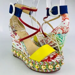 Christian Louboutin★クリスチャン ルブタン・レディース レザー切替しストラップ パール アートデザイン ウェッジソール サンダル 厚底 (36) ブランド レディース 靴 イエロー