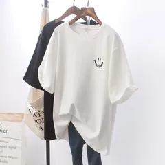 Tシャツ レディース 半袖 カットソー ゆったり オーバーサイズ ビッグシルエット スマイル 刺繍 ワンポイント 無地 シンプル 体型カバー トップス 春 夏 秋 カジュアル 韓国ファッション 大きいサイズ 白 黒 1073