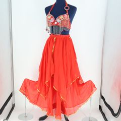 ベリーダンス用 オリエンタル衣装】レッド ゴールドラメ多数付き