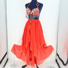 【ベリーダンス用 オリエンタル衣装】レッド QIAOSHI スパンコールラメ×ビーズ ラメ 花柄 煌びやか フリル レース生地 鮮やか トップス スカート セット 伸縮性