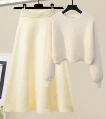 【オフホワイト】セットアップ ニットトップス ウールスカート 秋冬 上品 カジュアル 体型カバー 韓国風 Aライン ハイウエスト