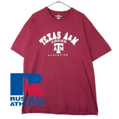 【肩幅49cm】【カレッジロゴ】RUSSELL ATHLETIC ラッセルアスレティック TEXAS A&M AGGIES テキサスA&M大学 袖ロゴ チーム プリント 半袖Tシャツ　Lサイズ エンジ（ワインレッド）コットン100%【湘南倉庫】US古着 T91