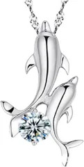 Miaomyao ミャオミャオ スーパー キュービックジルコニア シルバー ペア カップル イルカ ドルフィン ネックレス アクセサリー レディース プレゼント ポーチ セット(シルバー,  小さめ)