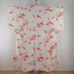 小紋 単衣 紅葉模様 クリーム色ｘ赤色 広衿 正絹 カジュアル 身丈148cm