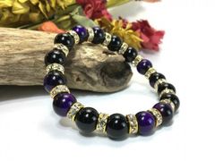 パープルタイガーアイ&オニキス パワーストーン ブレスレット 10mm （ゴールド）メンズ・レディース　男性・女性　数珠ブレス　開運 [17]