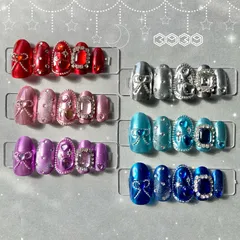 ネイルチップ　付け爪　ミラーネイル　リボン　レッド　赤　ピンク　パープル　紫　シルバー　銀　ライトブルー　水色　ブルー　青