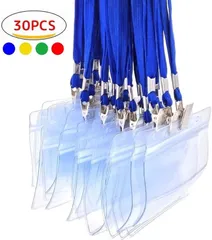 fiveAstar ID カード ホルダー ネックストラップ 名札 吊り下げ イベント スタッフ パス 名刺 社員証 ケース 入れ 首かけ 展示会 防水 セット 横型 タイプ 全4色 ネイビー 30枚 A008(ネイビー 30枚)