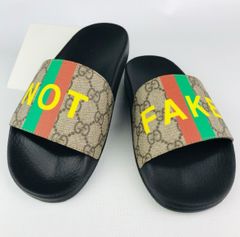 新品未使用★GUCCI・グッチ レディース GGモノグラム柄 ウェブライン NOT FAKEロゴ スライド ラバー サンダル（36）