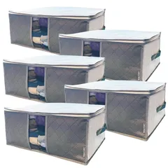 イニコライフ 衣類収納ケース 5枚組 通気性の良い 厚手不織布製 洋服 収納ボックス 衣装ケース 前面活性炭シート入り 収納袋 クローゼット 押し入れ 持ち手 クリア窓付き 使わない時は小さく畳める(中芯無し) 0