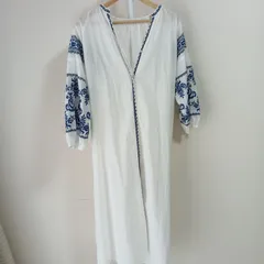 【GLOBAL WORK グローバルワーク】レディース ロングワンピース フリーサイズ ホワイト×ブルー エスニック刺繍