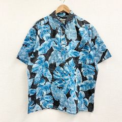 ハワイ製 Cooke Street アロハ シャツ 半袖 プルオーバー 植物柄 総柄 リバースプリント サイズ：メンズ XL ビッグサイズ ブラック×ブルー【UR】