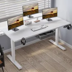 Radlove パソコンデスク 電動昇降式 電動式 ゲーミングデスク 机 電動昇降式スタンディングデスク PCデスク モニター台付き 高さ調節可能 メモリー機能付き 幅140CMx奥行76CM 71～117CM(ホワイト,  140x76CM)のサムネイル