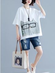 新品 Tシャツ レディース 半袖 大きいサイズ ゆったり 体型カバー 猫 カットソー 半袖 レディース 春夏 トップス ティーシャツ kkkcaf