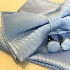 蝶ネクタイ　メンズ　ブルー　青　カフスボタン　ポケットチーフ　披露宴　新郎　無地　結婚式　フォーマル　お色直しウェディング　n13