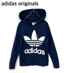 人気 adidas originals アディダスオリジナルス プルオーバー パーカー フーディー トレフォイル ビッグロゴ プリント 裏毛 裏パイル ネイビー レディース Mサイズ 美品
