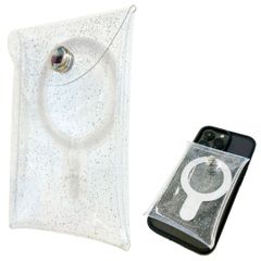ラメ入り　RAKUSE Magsafe対応 全機種対応 収納 クリアケース 推し活 PVCポーチ 小物入れ iPhone Galaxy AQUOS Xperia スマートフォン 簡単磁石脱着 マグネット内蔵 背面マグネットカードホルダー 持ち歩き便利
