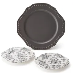 Dolce duo 皿 大皿 ケーキ皿 3枚セット プレート パスタ デザート 黒 ブラック 花柄 (箱入り）RU-1782 1