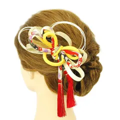 髪飾り 成人式 水引 赤 振袖 前撮り 袴 浴衣 夏祭り 花火大会 黄色 ゴールド リボン 和柄 ちりめん 組紐 房付き ヘアアクセ か No.9-3528