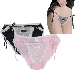 Lunon 男の娘 パンツ セクシー サイドリボン サテン 生地 ショーツ 2枚セット 女装専用 Lサイズ 女装用 紐パン コスプレ 女装男子(ブラック/ピンク)