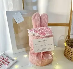 ワンホンブーケ うさぎ ピンク 窓付き紙袋＋メッセージカード付き 薔薇 ソープフラワー ローズ 記念日 誕生日 プレゼント ブーケ 花束 生誕祭 お祝い 韓国風 母の日 開業祝 結婚祝いシャボンフラワー 石鹸