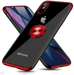 【人気商品】耐衝撃 スタンド機能 透明 落下防止 TPU メッキ クリア ケース防塵 薄型 リング付き 軽量 一体型 ケース 変形防止 全面保護カバー 用 アイフォン Xs Xs Max 用 Max ケース 赤 iPhone MJJ-1039-5-10