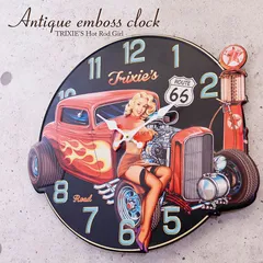 時計　掛け時計　壁掛時計　掛時計　クロック　ウォールクロック　アンティークエンボスクロック　TRIXIE'S Hot Rod Girl　アメリカン雑貨