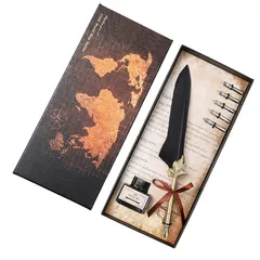 NOELAMOUR 羽根ペン アンティーク 万年筆 インクボトル セット 羽ペン フェザー ディップペン (ブラック) [ブラック]