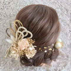 ヘッドドレス 髪飾り＊結婚式 成人式 卒業式 和装 打掛 振袖 袴~ソラローズ 和玉 ロープ 水引 金箔~くすみピンクベージュ 15本