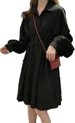 sleeping sheep(スリーピング シープ) 品よく ガーリーな ウエスト ギャザー シャツ ワンピース 長袖 Aライン レディース 白 黒 膝丈 ボリューム袖 ウエストマーク フレア チュニック( ブラック,  M)