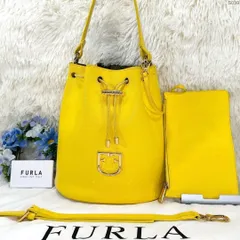 【美品/ポーチ付き】FURLA フルラ コロナ S ドローストリング 巾着バッグ ファンタスティカ 2way ショルダーバッグ ハンドバッグ ミニボストンバッグ クロスボディバッグ 手提げ 肩掛け 斜め掛け  レザー ロゴ 型押し ゴールド金具 イエロー 黄色