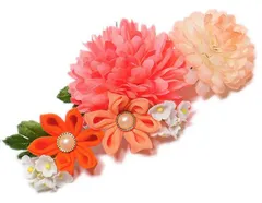 髪飾り 成人式 つまみ細工 オレンジ 振袖 前撮り 袴 花 コーラルピンク 白 ちりめん 大きい 小さい 3点セット 着物 和装 Uピン No.9-3755