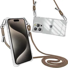 Peipeizi iPhone15Pro ケース ショルダー クリア 肩掛け 首掛け アイフォン15Pro スマホケース 斜めかけケース カバー 耐衝撃 軽量薄型 全面保護 人気 韓国 柔軟 高質感(ブラウン)