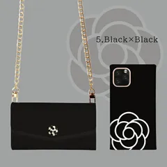 iPhone15ProMax ケース 手帳型 iPhone15 プロマックス  スマホケース ショルダー 肩掛け チェーン付き モノクロ ストラップ 大人女子 可愛い おしゃれ 椿 カメリア 花柄 ミラー付  カラー05