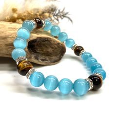 キャッツアイ(ライトブルー)×タイガーアイ パワーストーン ブレスレット  (シルバー) メンズ・レディース　男性・女性　数珠ブレス 開運 [23]