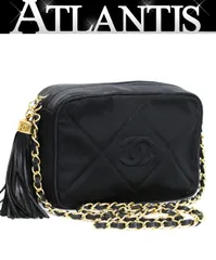 シャネル CHANEL マトラッセ ココマーク フリンジ チェーンショルダーバッグ サテン×レザー 黒 0番台 【71583】