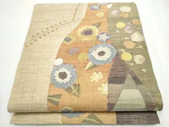 平和屋着物▽スリーシーズン　春夏秋　両面　六通柄袋帯　すくい織　幾何学花文　金糸　正絹　逸品　CAAY2504hy