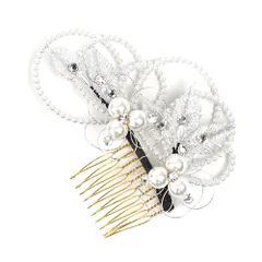 髪飾り コーム型 水引 ラインストーン パール シルバー 白 キラキラ ラメ リーフ 葉 丸 円 サークル 小さい かんざし かわいい No.9-3407