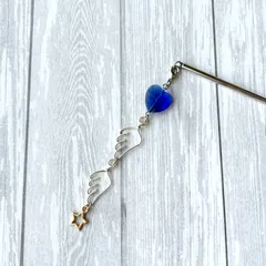 ハートと羽根のロングかんざし（ミッドナイトブルー）