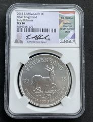 2018 S Africa Silver Krugerrand Early Release NGC Ms70 Ed  Harbuz Signed