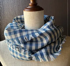 ナチュラルカラーの先染めチェックシングルスヌード＊ブルーチェック