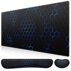 【特価商品】マウスパッド リストレスト３点セット 90ｘ40cm 大型 ゲーミングマウスパッド 低反発 キーボード用+マウス用 iCasso 手首クッション 長さ45+14cm 人間工学 アームレスト 疲労軽減 ゴムベース 滑り止め（ハニカム・ブルー）