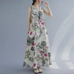 ボタニカルプリントロングワンピース 花柄 綿麻 マキシ丈 Aラインワンピース　 体型カバー