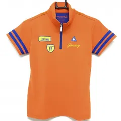 【超美品】ルコック 半袖ポロシャツ オレンジ×ブルー ハーフジップ 袖3ライン レディース M ゴルフウェア le coq sportif