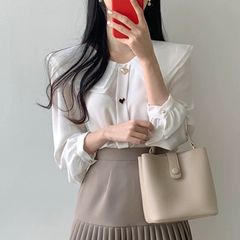 【新品】スウィートガーリー♡ハートボタンシフォンブラウス ＋ プリーツスカート レディース 襟付き 長袖 ブラウス シフォン フォーマル きれいめ オフィス カジュアル 白 ピンク セットアップ S M L 　E1517