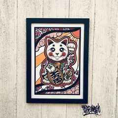 尾九 刺青画 招き猫 桜吹雪 打出の小槌 A4サイズ フレーム付き