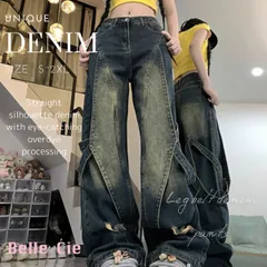 デニムパンツ ジーパン ジーンズ ロングパンツ ボトム ベルト レディース 韓国ファッション 個性的 レッグベルト オーバーダイ ストレート 変形