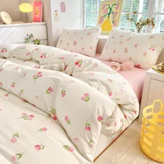 4点セット ダブル 寝具カバーセット ダブルジッパー 掛け布団カバー 布団カバー 190x210cm 枕カバー2枚 ボックスシーツ 柔らかい BUKAROOM 通気性 四季通用 (バラ ダブル・4点セット)